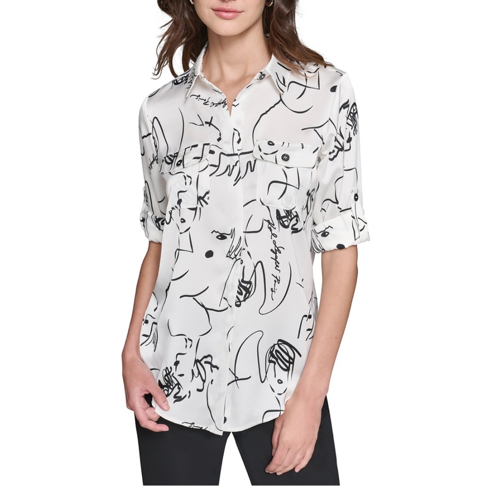 White and Black Casual Button Down Shirt with Artistic Design